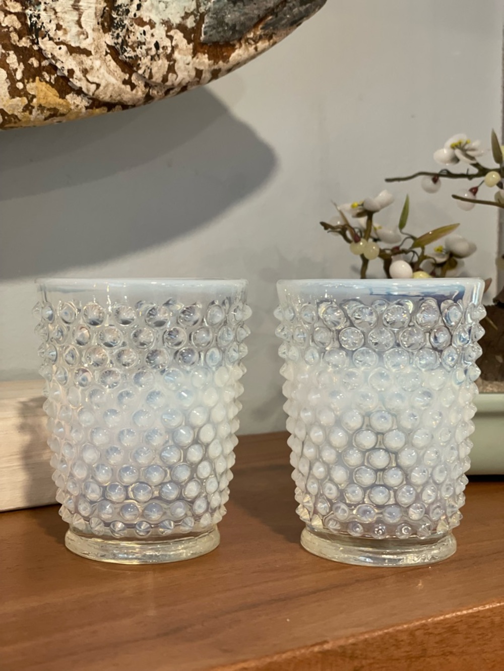 Pair of Fenton Hobnail Opalescent Glass juice glasses.